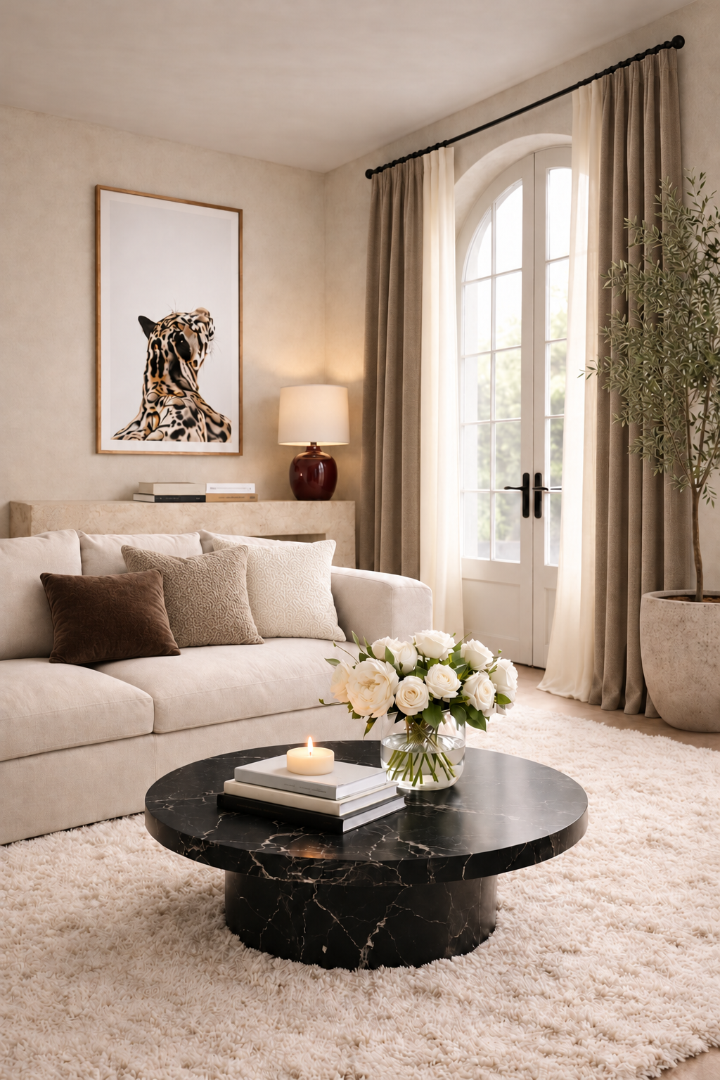 Layered living room with mushroom curtains, an oxblood lamp, ivory, taupe and cocoa cushions, and a sculptural dark marble table