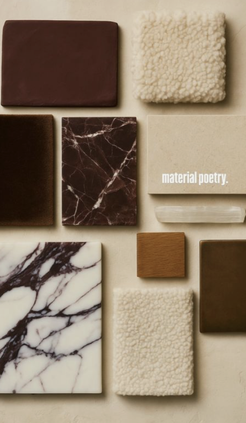 Palette of rich brown leather, textured ivory fabric, and veined marble